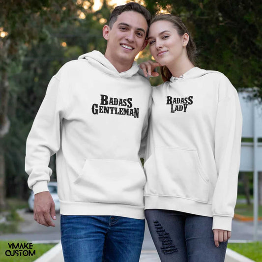Badass Gentleman & Badass Lady White Hoodies for Couple